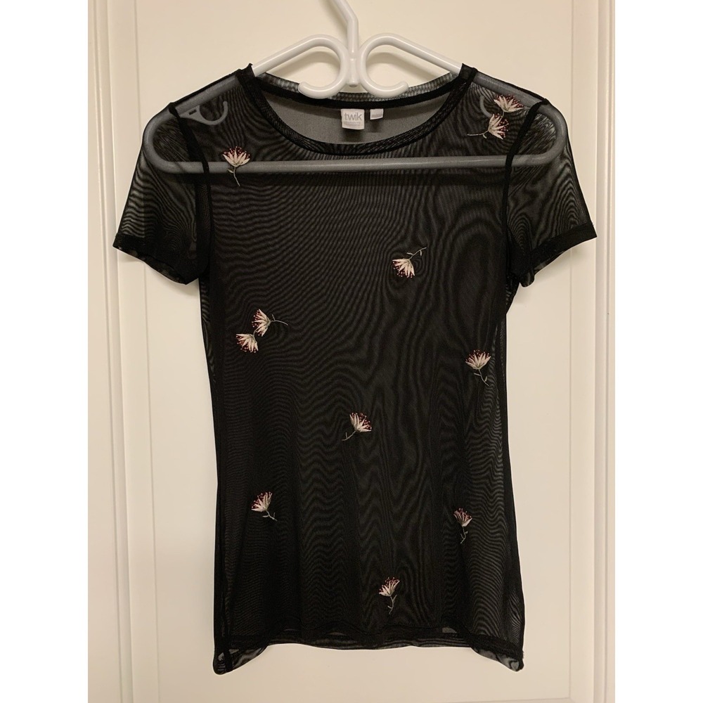 Black Sheer Mesh Floral Embroidered T-shirt XS Dark Fairy Festival Whimsigoth